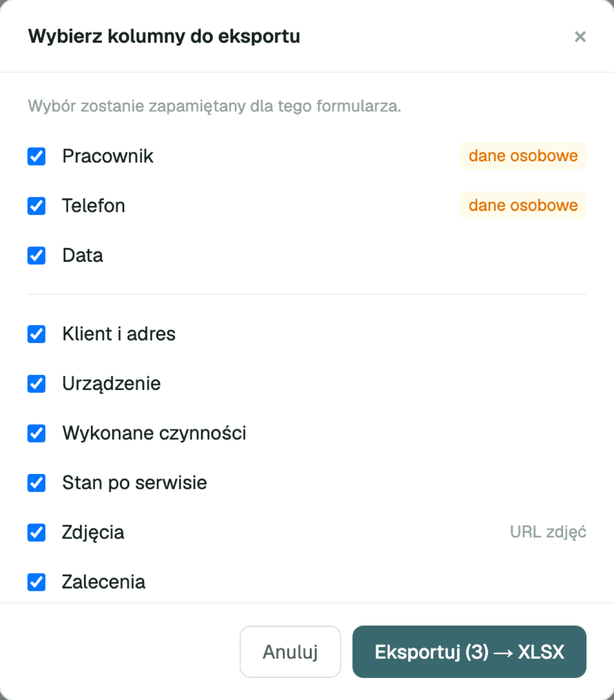 Wybór kolumn do eksportu do Excela
