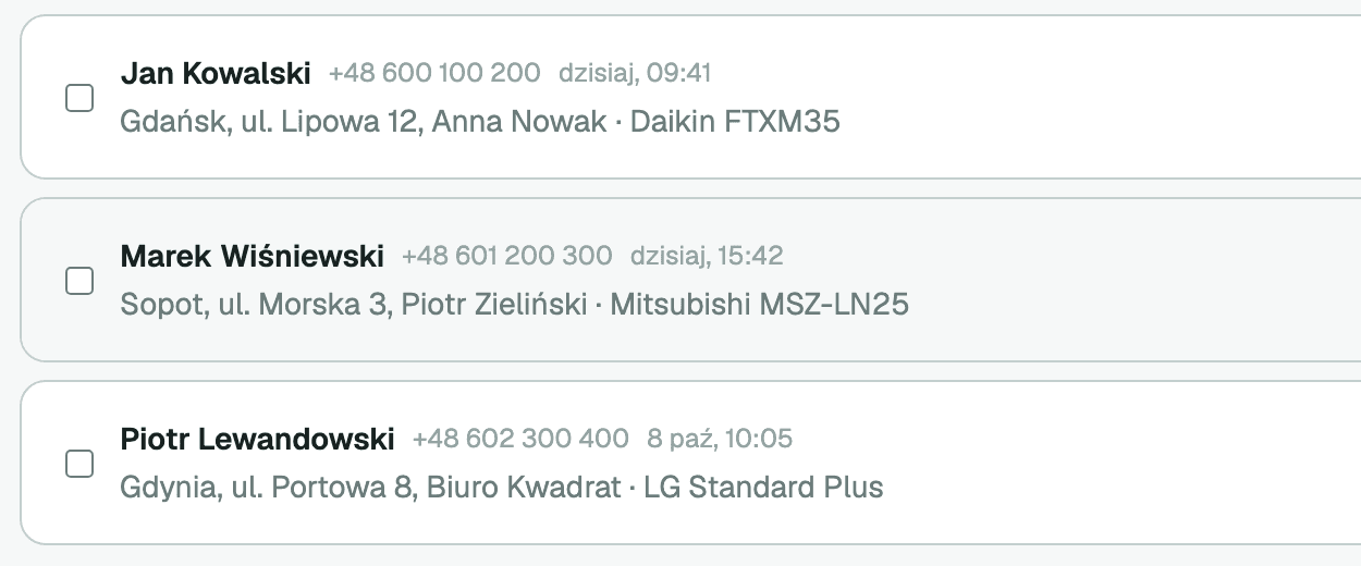 Lista wizyt w panelu: technik, telefon, godzina, adres, klient, urządzenie