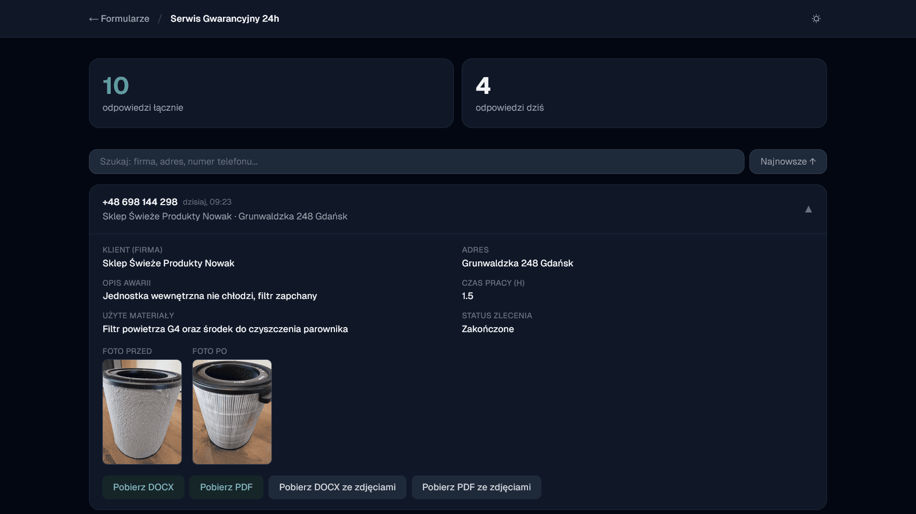 VoiceForms — zgłoszenie serwisowe ze zdjęciami, tryb ciemny